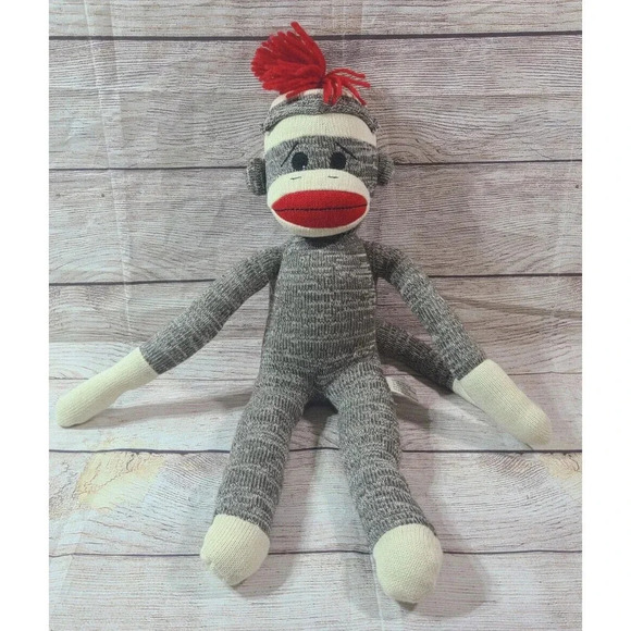 Schylling Plush Sock Monkey Stuffed Animal Red Mouth Bottom Brown Cream 22" - Picture 1 of 3